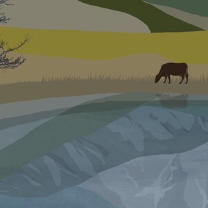 May include: A digital illustration of a dark brown cow grazing in a field of tan and yellow grass next to a body of water. A bare, dark-colored tree stands on the left side, while the water reflects the cow and the surrounding landscape.