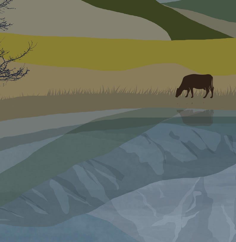 May include: A digital illustration of a dark brown cow grazing in a field of tan and yellow grass next to a body of water. A bare, dark-colored tree stands on the left side, while the water reflects the cow and the surrounding landscape.
