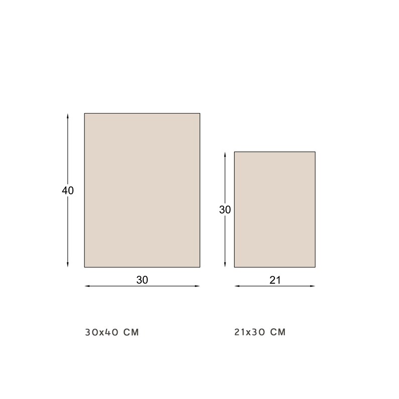 May include: Two rectangular beige panels shown with dimension lines. The larger panel measures 30 by 40 centimeters, and the smaller panel measures 21 by 30 centimeters. The text 30x40 CM and 21x30 CM is printed below each respective panel.