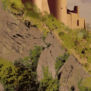 May include: A digital illustration of a tan stone castle structure perched atop a steep, jagged gray rock cliff face. The cliff is covered with patches of vibrant green foliage and shrubs, creating a contrast between the natural stone and vegetation.