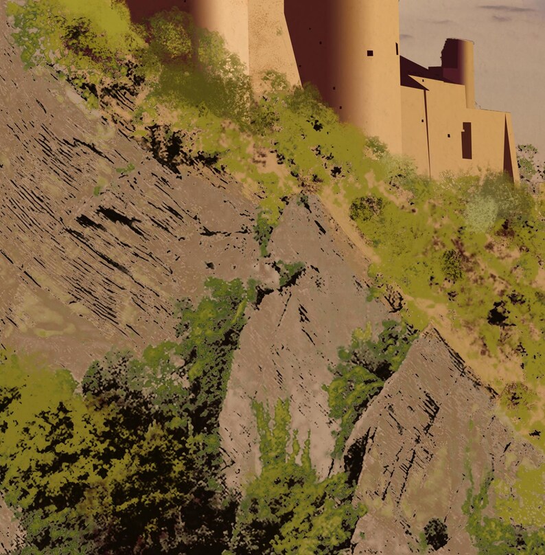 May include: A digital illustration of a tan stone castle structure perched atop a steep, jagged gray rock cliff face. The cliff is covered with patches of vibrant green foliage and shrubs, creating a contrast between the natural stone and vegetation.