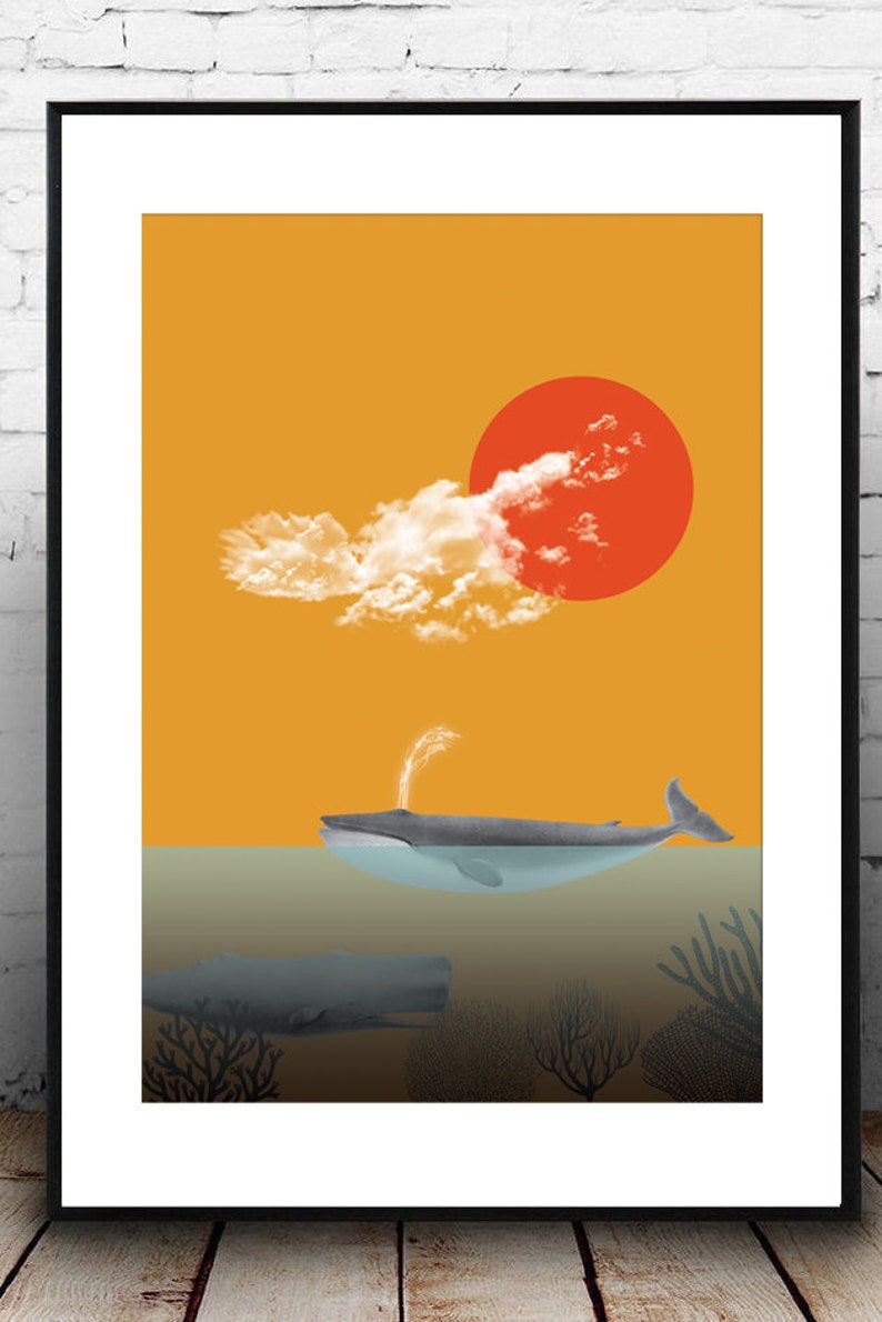 Typographic printing Decorative wall print Sea Print with illustration Illustration with whales Yellow and blue. Home decor