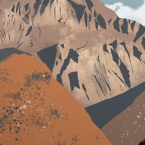 May include: A digital painting of a mountain range with a brown, orange, and gray color scheme. The mountains are jagged and rocky, with a few clouds in the sky.