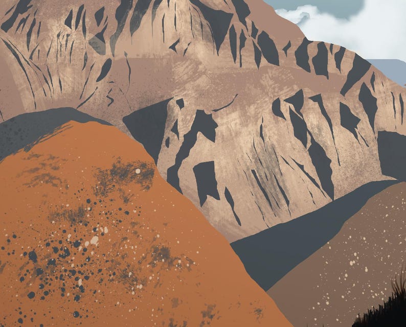 May include: A digital painting of a mountain range with a brown, orange, and gray color scheme. The mountains are jagged and rocky, with a few clouds in the sky.