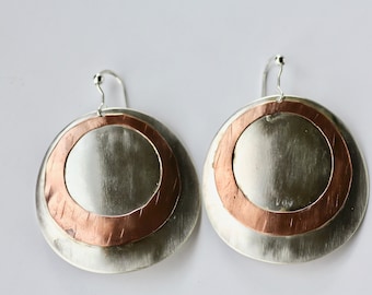 Hammered Disc Earrings, Sterling Silver and Copper Handmade Earrings Valentines gifts Self Gift