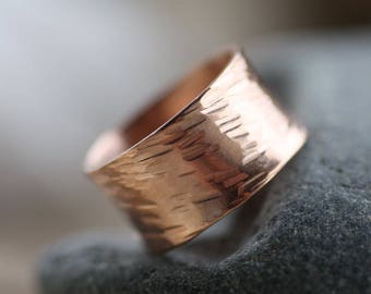 Rose gold plated ring, Hammered wide band, Mens hammered wedding ring, Women custom made ring, Personalized ring, Engraved Rose gold ring