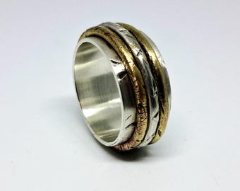 Silber 925 und Messing Spinner Band, Strukturring, handgemachte Band