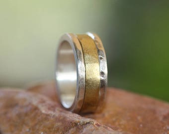 Personalized rustic Heavy wide Men band, Chunky women statement ring, Silver 950 and brass Layered ring, Sturdy custom ring