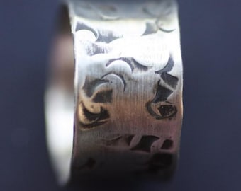 Oxidized Silver 925 Wide Band Ring: Rustic Hammered Design