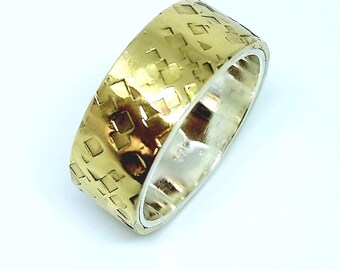 Hammered Silver 925 & Brass Ring: Wide Rustic Wedding Band
