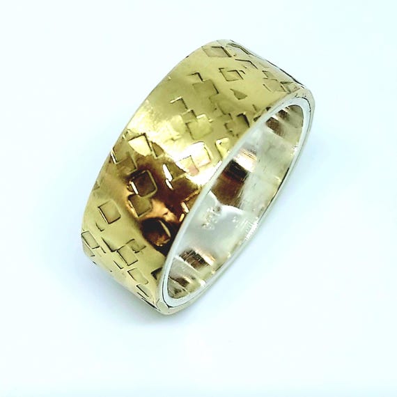 Hammered Silver 925 & Brass Ring: Wide Rustic Wedding Band - Etsy