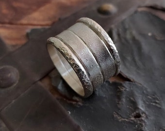 SterlingSilver 950 band, Handgemaakte getextureerde ring, Man's brede band, Dikke en zware zilveren band