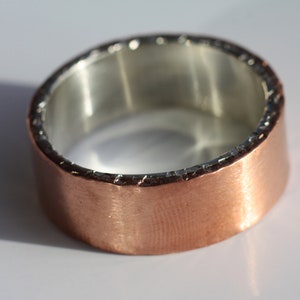 Mixed metal copper and silver ring hammered on the edge, Personalized engraved coordinates, Mens wedding ring, Christmas gift for him
