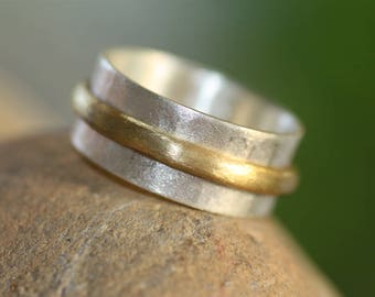 Sterling Silver with Brass Spinner ring, Anxiety spinner ring, Personalized engraved ring, Mens wedding ring, Valentines gift for him