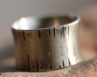 Oxidized Silver 925 Ring: Wide Hammered Rustic Band, Engraved