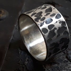 Wide Oxidized Sterling Silver Ring: Personalized Hammered Band