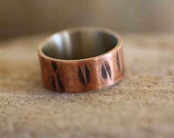 Rustic wide band gift for dad, Sterling Silver and Copper wide ring, Men wedding ring, Two metal ring, Woman boho wedding ring Self Gift