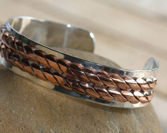 Personalized silver Cuff with copper detail, Mixed metal cuff Perfect  gift to engrave your message or coordinates, Handmade Jewelry