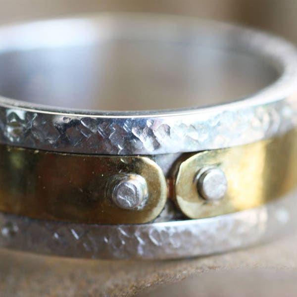 Chunky Hammered Sterling Silver & Brass Ring - Personalized Wedding Band