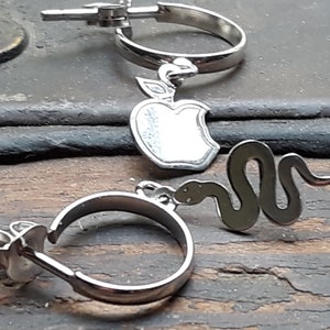 Sterling Silver Mismatch Hoop Earrings: Snake & Apple Charms