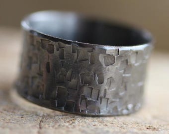 Handgemachte Gehämmerte Silber 925 Breit Bandring - Schwarzes Rhodium