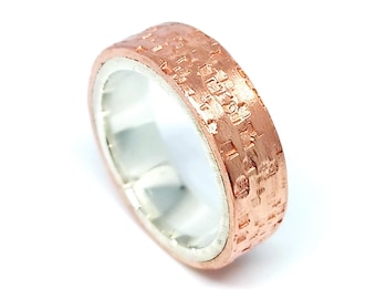 Handmade Silver 925 & Copper Ring: Rustic Hammered Wide Band