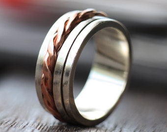 Double Spinner ring with copper braid, Silver engraved Anxiety Relief ring, Groomsmen textured Fidget ring, Personalized wide wedding ring