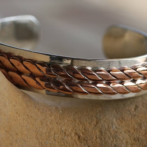 Chunky rustic Silver Cuff for men with copper braid details, Christmas Gift for Dad, Personalized engraved bracelets, gift for him