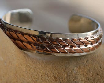 Chunky rustic Silver Cuff for men, Gift for Dad, Silver 950 and Copper Cuff, Personalized engraved bracelets