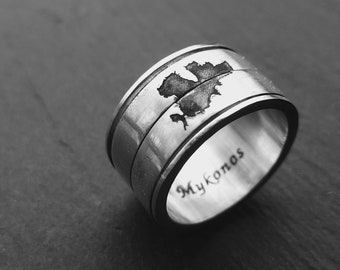 Silver 950 Spinner ring handmade band, Engraved coordinates band, Greek Islands keepsake fidget ring for him, meditation anxiety ring women