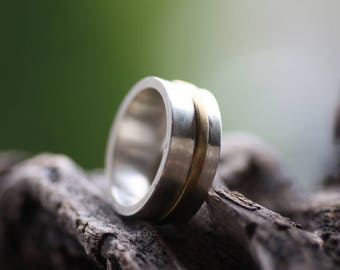 Personalized Sterling silver and Brass wide ring, Mens wedding ring, Engraved ring, Valentines gift for him Self Gift