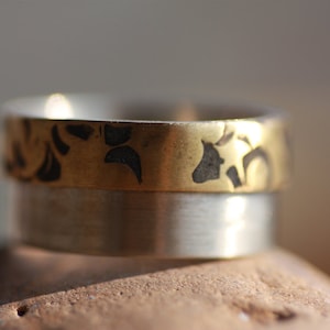 Hammered Brass & Sterling Silver Ring: Rustic Engraved Wedding Band