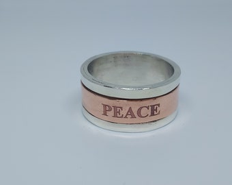 Silver ring with copper spinner engraved with your message, Handmade wedding ring for him, Anniversary gift for women, Anxiety relief ring