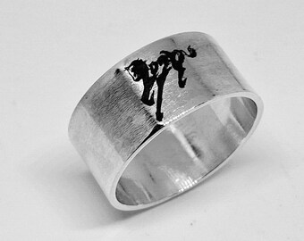 Sterling Silber 925 Pferd Reiter Bandring, gravierte Kunst (10 mm breit)