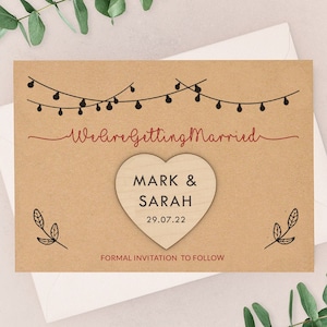 Vintage Kraft Wedding Save The Date Magnets - Personalised Wooden Heart Save The Date Magnet - String Festoon Lights Save The Date Cards