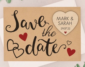 Modern Wedding Save The Date Magnets - Personalised Wooden Heart Save The Date Fridge Magnet - Spring Summer Kraft Calligraphy Save The Date