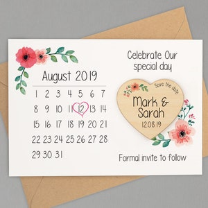 Save The Date Magnet Calendar - Personalised Save The Date Calendar Card with Envelope - Save The Date Wooden Heart Magnet Calendar