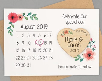 Save The Date Magnet Calendar - Personalised Save The Date Calendar Card with Envelope - Save The Date Wooden Heart Magnet Calendar
