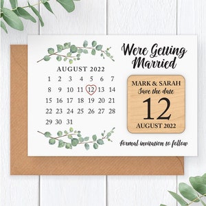 PERSONALISED Eucalyptus Wedding Save The Date Fridge Magnet - Greenery Save The Date Calendar - Rustic Wooden Save The Date Card Magnet