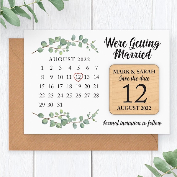 PERSONALISED Eucalyptus Wedding Save The Date Fridge Magnet - Greenery Save The Date Calendar - Rustic Wooden Save The Date Card Magnet