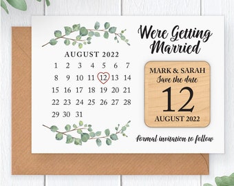 PERSONALISED Eucalyptus Wedding Save The Date Fridge Magnet - Greenery Save The Date Calendar - Rustic Wooden Save The Date Card Magnet