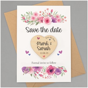 Save The Date Magnet Card - Personalised Save The Date Heart Magnet Cards - Save The Date  Wooden Magnet Cards and Envelopes - Floral Invite