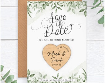 Wedding Save The Date Magnet | Rustic Wood Heart Save The Date Magnets | Spring Summer Save The Date | Eucalyptus Greenery | Boho Wedding