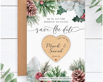 Winter Save The Date, Christmas Wedding Save The Date, Rustic Save The Date, Pine Fir Cone Holly Berry, Save The Date Card Magnet Envelope