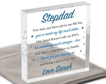 Stepdad Gifts, Fathers Day Gift Stepdad, Step Dad Birthday, From Stepchild, Stepfather Gift, From Stepdaughter, Clear Blocks With Grey Bag