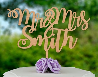 Wooden Wedding Cake Topper - Personalised Rustic Wedding Cake Topper - Mr and Mrs Cake Topper - Woodland Cake Decoration - Wood Topper