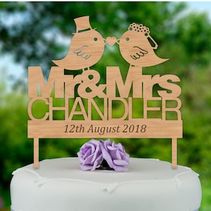 Rustic Mr and Mrs Wedding Cake Topper - Personalised Wooden Wedding Cake Topper - Love Birds Wedding Cake Topper - Surname and Date Topper