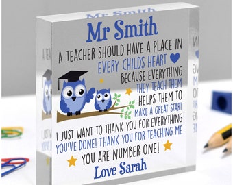 Teacher Gift Owl, Personalised Male Teacher Gift, School Teacher Gift 2022, Gifts for Teachers With Owls, Teacher Christmas, With Grey Bag