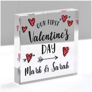 Girlfriend Boyfriend First Valentines Day Gifts - Personalised Our First Valentines Day - Couples Gifts - Clear Blocks With Grey Bag