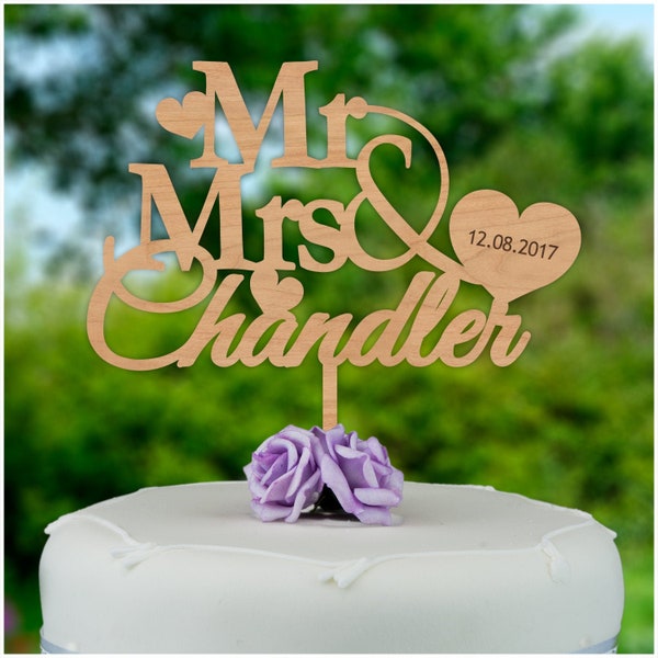 Rustic Wedding Cake Topper - Personalised Mr and Mrs Cake Topper - Woodland Cake Topper - Custom Cake Topper - Wooden Date Cake Topper